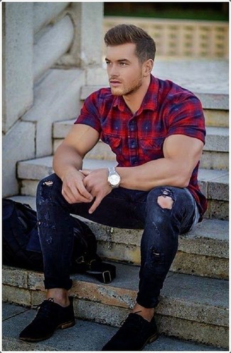 Men's Silver Watch, Black Low Top Sneakers, Navy Ripped Skinny Jeans, Red and Navy Plaid Short Sleeve Shirt
