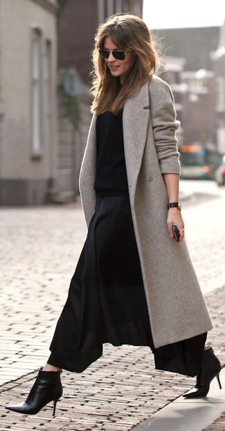 Women's Black Leather Ankle Boots, Black Pleated Maxi Skirt, Black Crew-neck Sweater, Grey Coat