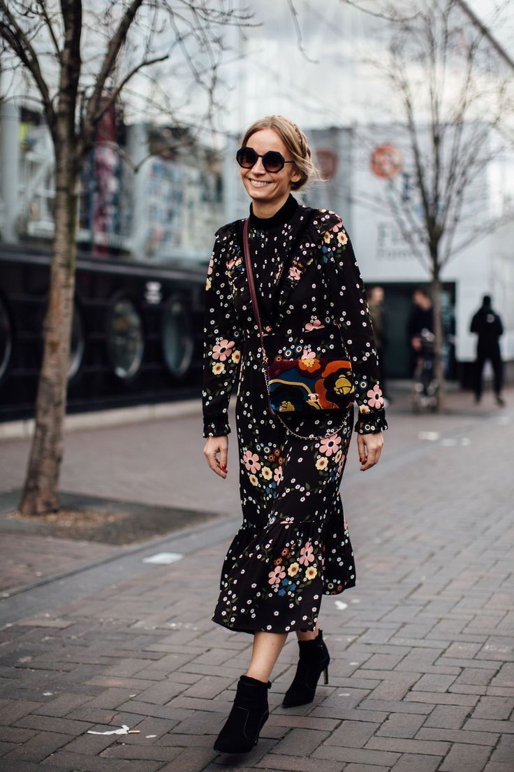 Women's Black Floral Midi Dress, Black Suede Ankle Boots, Multi colored  Suede Crossbody Bag, Black Sunglasses