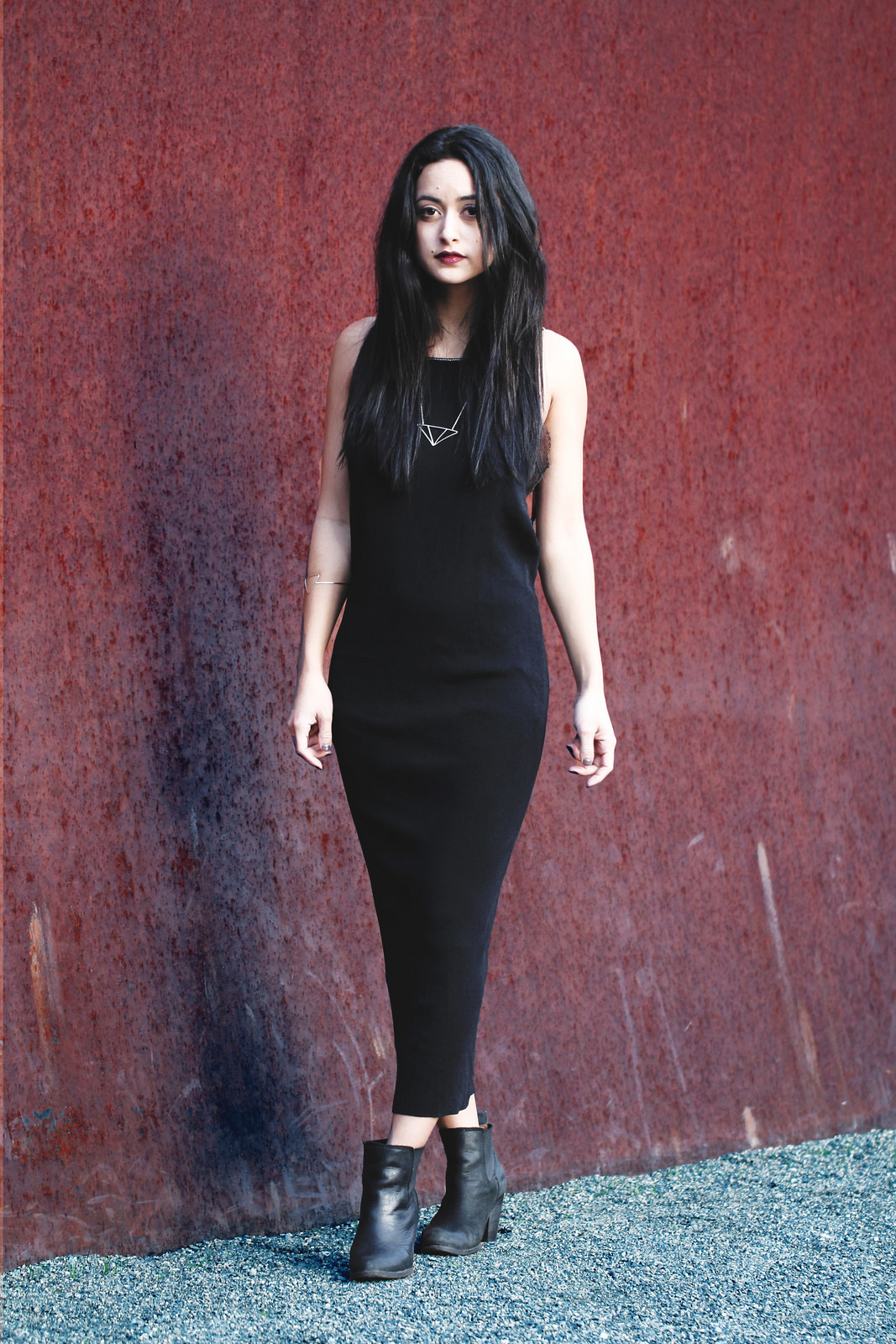 black midi dress with ankle boots