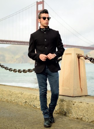 Men's Black Military Jacket, Navy Skinny Jeans, Dark Green Leather Casual Boots, Black Sunglasses