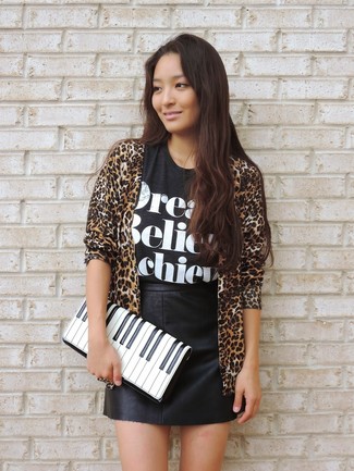 White and Black Print Leather Clutch Outfits: 