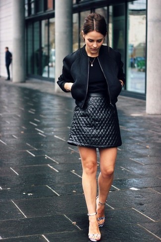 Women's Silver Leather Heeled Sandals, Black Quilted Leather Mini Skirt, Black Crew-neck T-shirt, Black Bomber Jacket