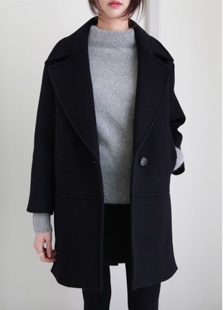 Women's Black Wool Tights, Black Mini Skirt, Grey Knit Turtleneck, Black Coat