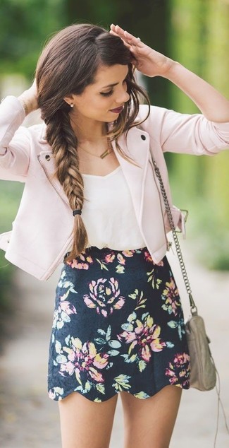 Women's Grey Leather Crossbody Bag, Black Floral Mini Skirt, White Silk Tank, Pink Wool Biker Jacket