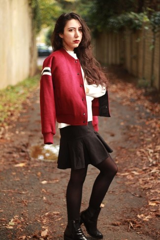 Women's Black Leather Ankle Boots, Black Pleated Mini Skirt, White Turtleneck, Red Varsity Jacket