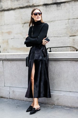 Women's Black Leather Crossbody Bag, Black Suede Mules, Black Leather Maxi Skirt, Black Turtleneck