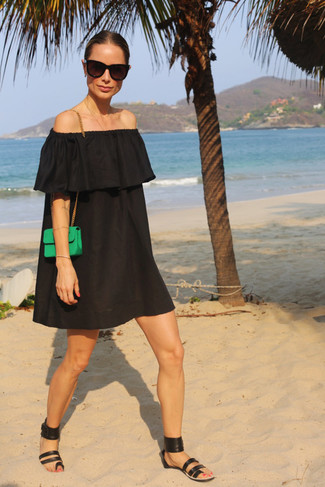 Black Leather Flat Sandals Outfits: Make a black off shoulder dress your outfit choice for a casual level of dress. To give your getup a more casual vibe, why not complete this outfit with a pair of black leather flat sandals?