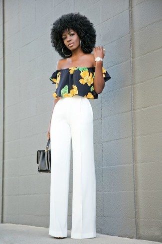 White Wide Leg Pants with Black Off Shoulder Top Hot Weather Outfits In  Their 30s (2 ideas & outfits)