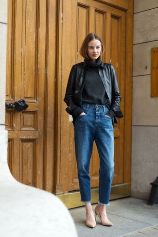 Women's Black Leather Open Jacket, Black Turtleneck, Blue Jeans, Beige Leather Pumps