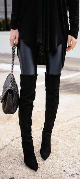 Women's Black Quilted Leather Crossbody Bag, Black Suede Over The Knee Boots, Black Leather Leggings, Black Wool Tunic