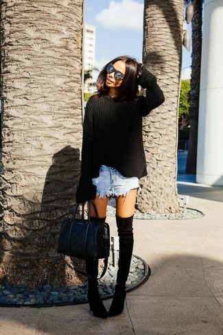 Women's Black Leather Duffle Bag, Black Suede Over The Knee Boots, Light Blue Denim Shorts, Black Oversized Sweater