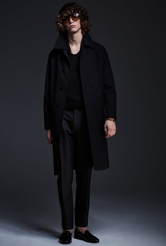 Men's Black Overcoat, Black Crew-neck Sweater, Black Dress Pants, Black Leather Loafers