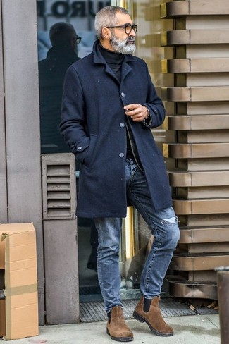 Brown Suede Chelsea Boots Outfits For Men: If you're after a casual and at the same time on-trend ensemble, rock a black overcoat with blue ripped jeans. Complement your outfit with brown suede chelsea boots to completely spice up the look.