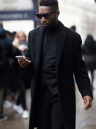 Men's Black Overcoat, Black Waistcoat, Black Turtleneck, Black Wool Dress Pants