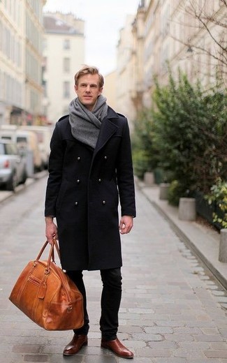 Brown Duffle Bag Outfits For Men: A black overcoat and a brown duffle bag matched together are a sartorial dream for those dressers who appreciate cool and relaxed styles. Dark brown leather chelsea boots will bring an added dose of style to an otherwise standard outfit.