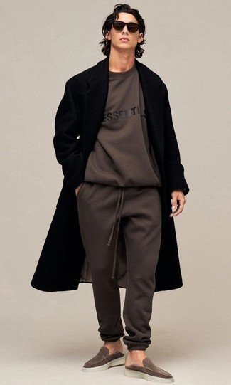 Men's Black Overcoat, Dark Brown Track Suit, Dark Brown Suede Loafers, Dark Brown Sunglasses