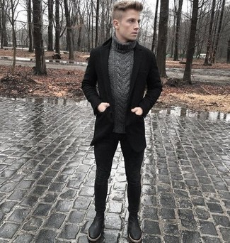 Charcoal Knit Turtleneck Outfits For Men: Why not consider pairing a charcoal knit turtleneck with black skinny jeans? These items are very comfortable and look amazing combined together. Bring an added dose of style to your look by finishing with black leather chelsea boots.