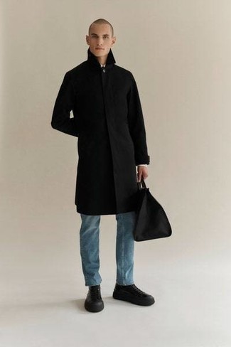 Men's Black Overcoat, Light Blue Jeans, Black Leather High Top Sneakers, Black Canvas Tote Bag
