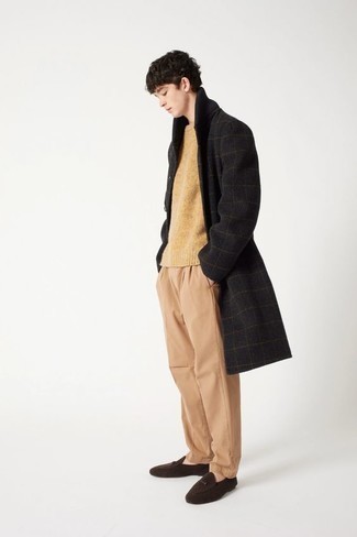 Black Check Overcoat Outfits: For an ensemble that's effortlessly smart and gasp-worthy, wear a black check overcoat and khaki chinos. Rounding off with dark brown suede loafers is a guaranteed way to give an added touch of style to your look.