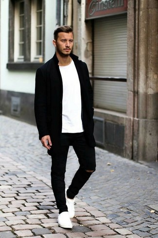 Men's Black Overcoat, White Crew-neck T-shirt, Black Ripped Jeans, White Low Top Sneakers
