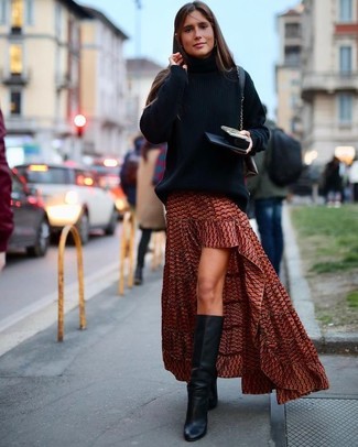 Black Knit Oversized Sweater Outfits: If you gravitate towards relaxed casual style, why not try teaming a black knit oversized sweater with a burgundy print maxi dress? Take an otherwise too-common look down a more sophisticated path by finishing with a pair of black leather knee high boots.