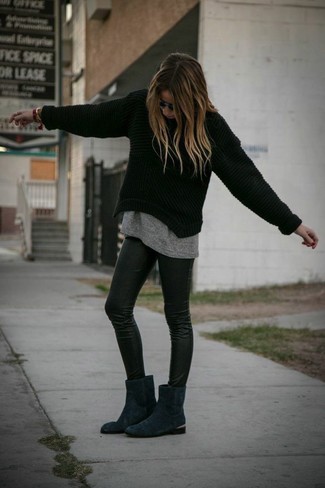 Black Leather Leggings with Black Knit Oversized Sweater Outfits