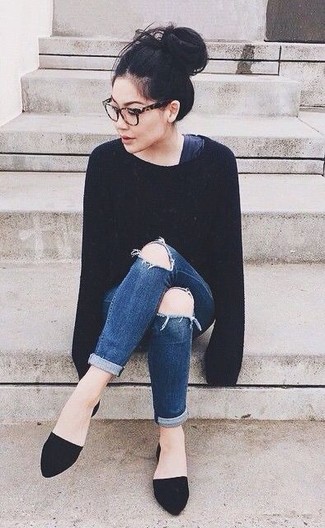 Women's Black Oversized Sweater, Navy Ripped Skinny Jeans, Black Suede Ballerina Shoes