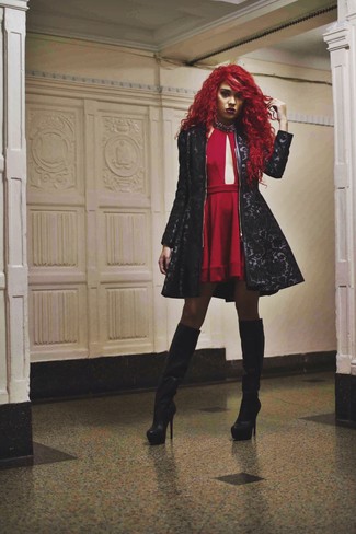 Paisley Outerwear Outfits For Women: Paisley outerwear and a red cutout skater dress are a great look worth incorporating into your daily styling arsenal. A pair of black leather knee high boots will bring a dose of sultry refinement to your outfit.