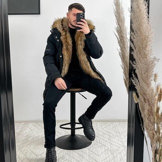 Black Parka Outfits For Men: A black parka and black jeans are a city casual combo that every fashion-savvy man should have in his off-duty sartorial arsenal. Why not complement your outfit with black leather work boots for a more relaxed aesthetic?