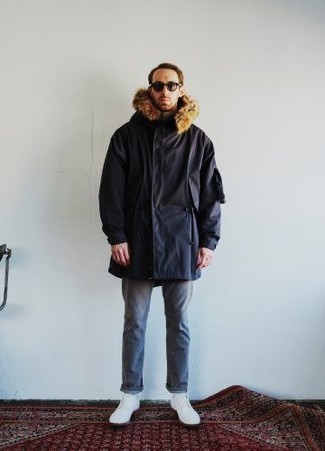 Men's Black Parka, Grey Jeans, White Leather Casual Boots, Dark Brown Sunglasses