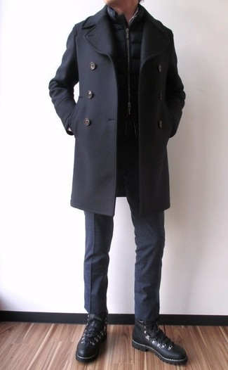 pipigo Mens Wool Blend Thickened Solid Color Overcoat Outwear Peacoats Black XXS