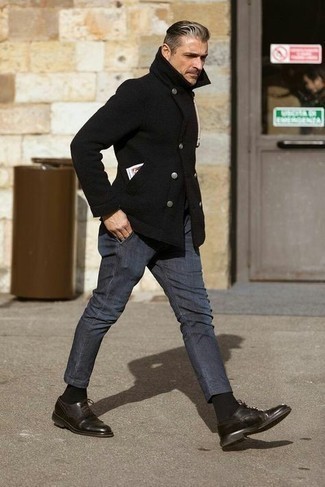 Black Socks With Pea Coat Outfits After, Charcoal Peacoat Outfit Mens