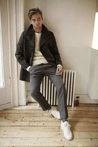 Black Pea Coat Outfits: Marrying a black pea coat and grey wool dress pants is a guaranteed way to infuse your day-to-day styling rotation with some masculine elegance. For something more on the casual and cool side to finish off this outfit, complement this getup with a pair of white plimsolls.