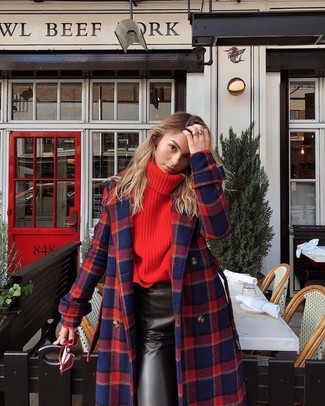 Women's Red Sunglasses, Black Leather Pencil Skirt, Red Knit Turtleneck, Red and Navy Plaid Coat