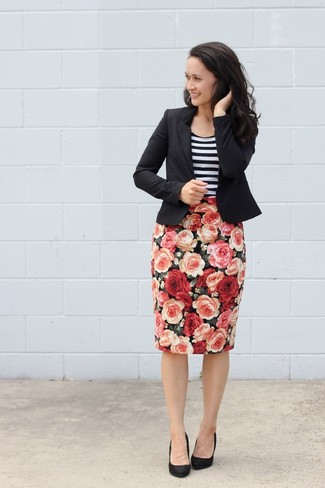 Black and White Floral Pencil Skirt Outfits: 