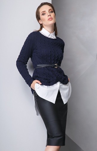 Women's Black Leather Waist Belt, Black Leather Pencil Skirt, White Dress Shirt, Navy Cable Sweater