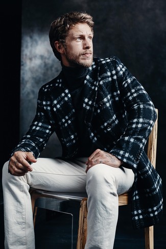 Black and White Plaid Overcoat Outfits: This semi-casual combination of a black and white plaid overcoat and white chinos is very easy to throw together in next to no time, helping you look awesome and ready for anything without spending a ton of time digging through your wardrobe.
