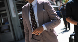 Men's Black Polka Dot Tie, White Dress Shirt, Brown Vertical Striped Suit