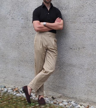Black Polo Outfits For Men: Marrying a black polo and khaki dress pants is a fail-safe way to infuse style into your daily lineup. And if you want to easily bump up your getup with a pair of shoes, why not complete this outfit with a pair of dark brown suede loafers?