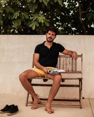 Mustard Swim Shorts Outfits: The go-to for casual street style? A black polo with mustard swim shorts. Amp up this look by rocking a pair of black suede espadrilles.