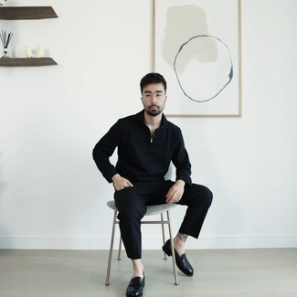 Black Chinos Outfits: The go-to for casually smart menswear style? A black polo neck sweater with black chinos. As for the shoes, you could take the classic route with a pair of black leather loafers.