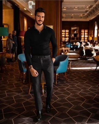 Black Polo Neck Sweater Outfits For Men: We love the way this classic and casual pairing of a black polo neck sweater and charcoal wool chinos instantly makes any man look dapper. Rev up the formality of your outfit a bit by rocking a pair of black leather chelsea boots.