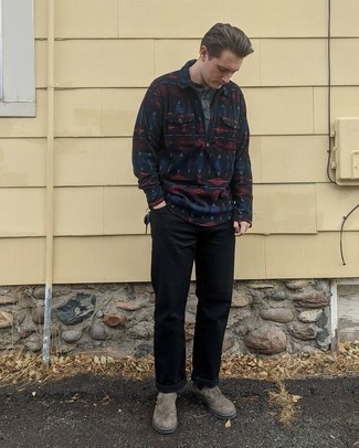 Black Pants with Brown Shoes Outfits For Men: For a never-failing smart option, you can never go wrong with this combo of a black print polo neck sweater and black pants. Why not complete your look with brown suede chelsea boots for an element of elegance?