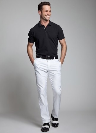 Black Leather Brogues Outfits: This is definitive proof that a black polo and white chinos look awesome when paired up in a casual outfit. If you wish to easily amp up this outfit with one piece, why not enter black leather brogues into the equation?