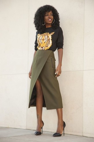 Women's Black Print Crew-neck Sweater, Olive Slit Midi Skirt, Black Leather Pumps