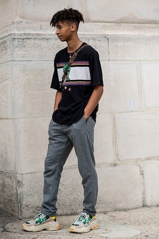 Men's Black Print Crew-neck T-shirt, Grey Wool Chinos, Multi colored Athletic Shoes