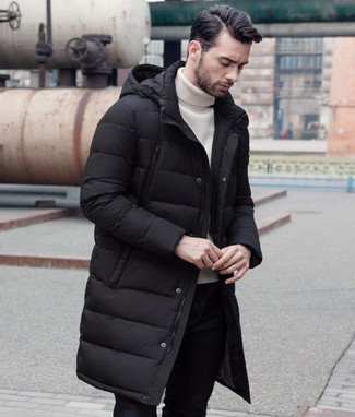 Black Down 4 Bar Quilted Hooded Coat