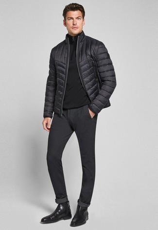 Men's Black Puffer Jacket, Black Zip Neck Sweater, Black Chinos, Black Leather Chelsea Boots