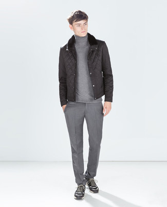 Men's Black Puffer Jacket, Grey Turtleneck, Grey Dress Pants, Charcoal Suede Athletic Shoes